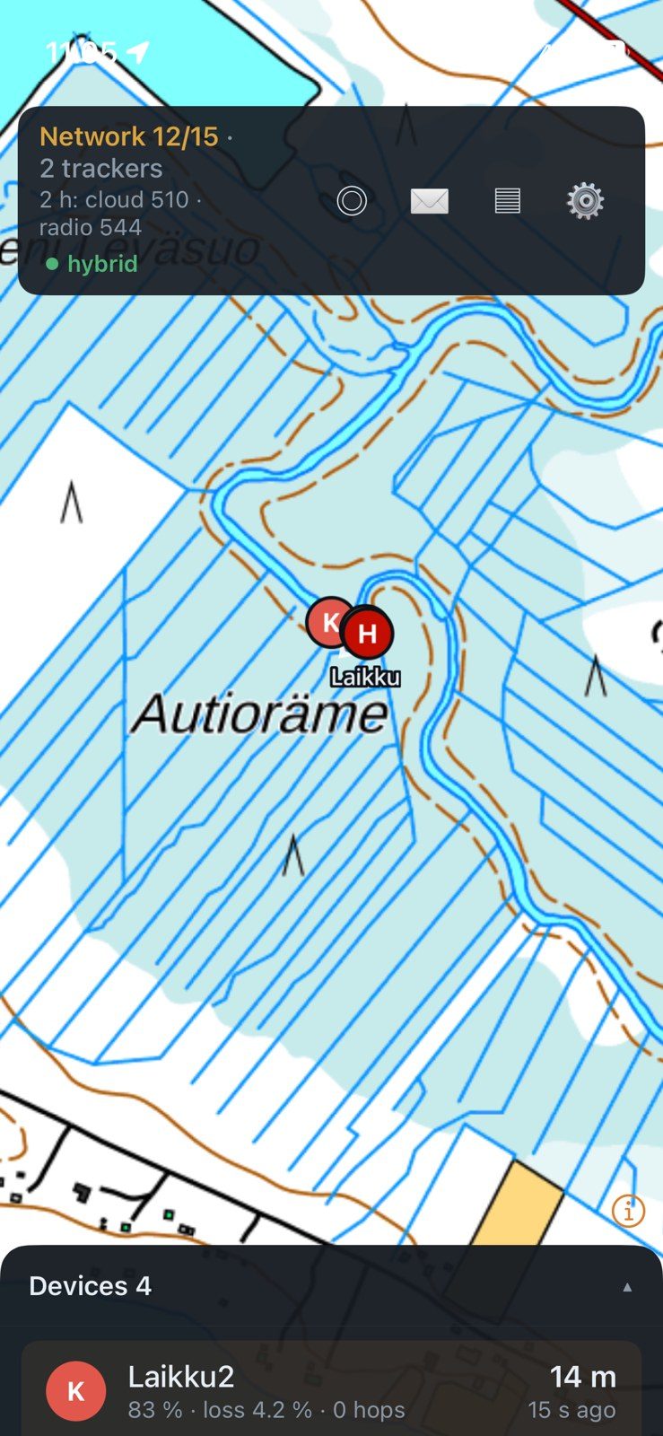 Laikku on the map. The latest position is 15 seconds old, straight from the radio.